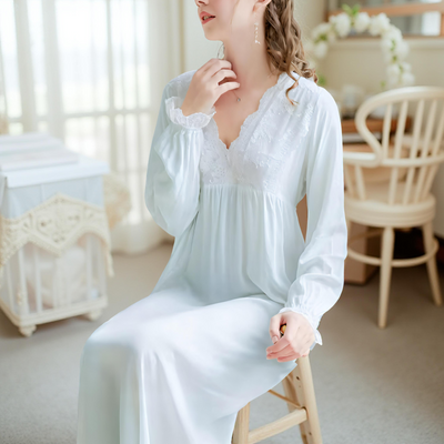 Long-sleeve light blue chiffon nightgown with lace V-neck detail – Velourine Attire vintage sleepwear
