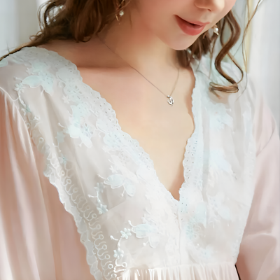 neck view of Long-sleeve white chiffon nightgown with lace V-neck detail – Velourine Attire vintage sleepwear
