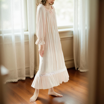 Victorian Cotton Lace Nightgown – Summer Long Robe Sleepwear
