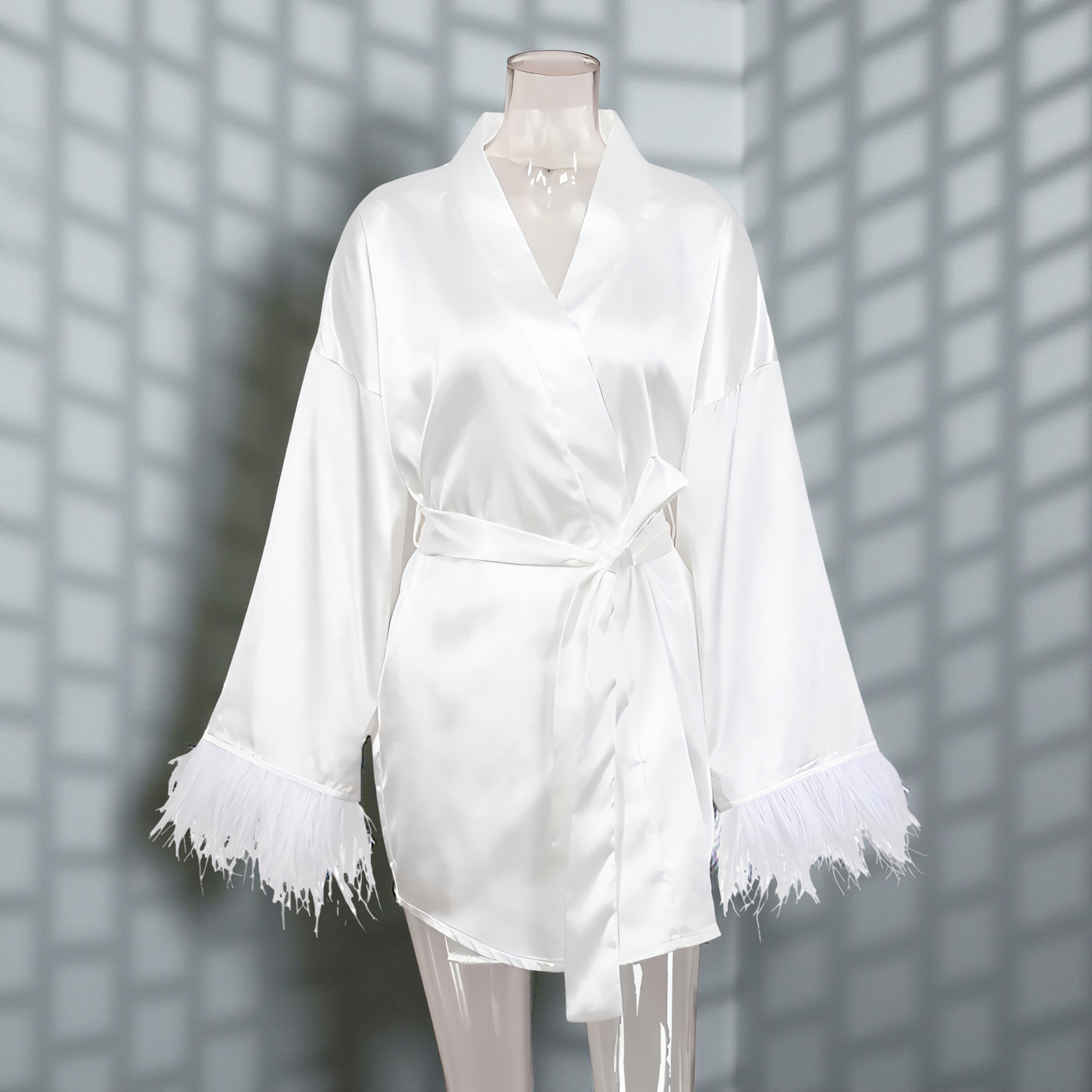 White satin robe with feather-trimmed sleeves and waist tie – Velourine Attire luxury bridal nightwear