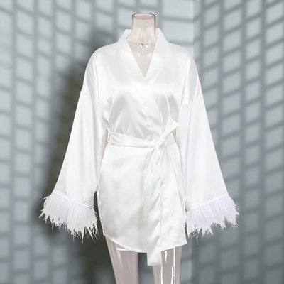 White satin robe with feather-trimmed sleeves and waist tie – Velourine Attire luxury bridal nightwear