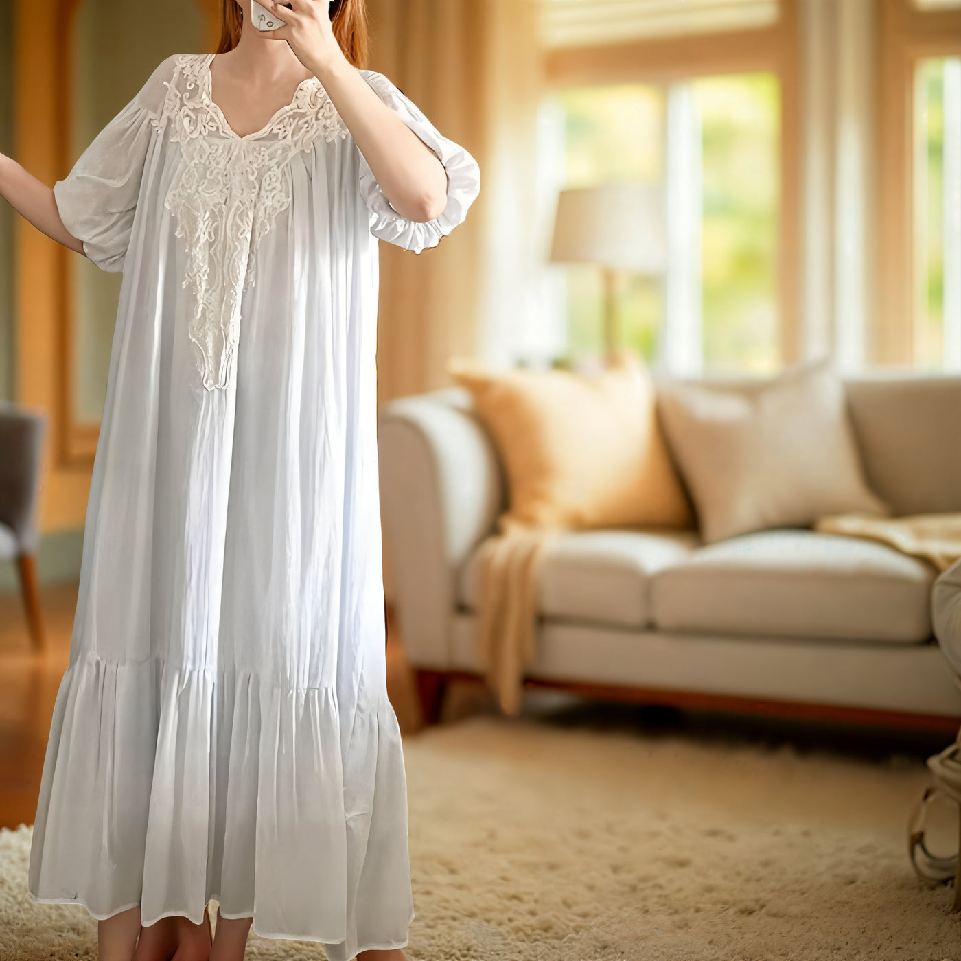 Summer Fairy Princess Sleepwear – White Blue Victorian Cotton Night Dress for Women