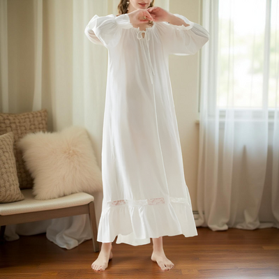 Victorian Cotton Lace Nightgown – Summer Long Robe Sleepwear