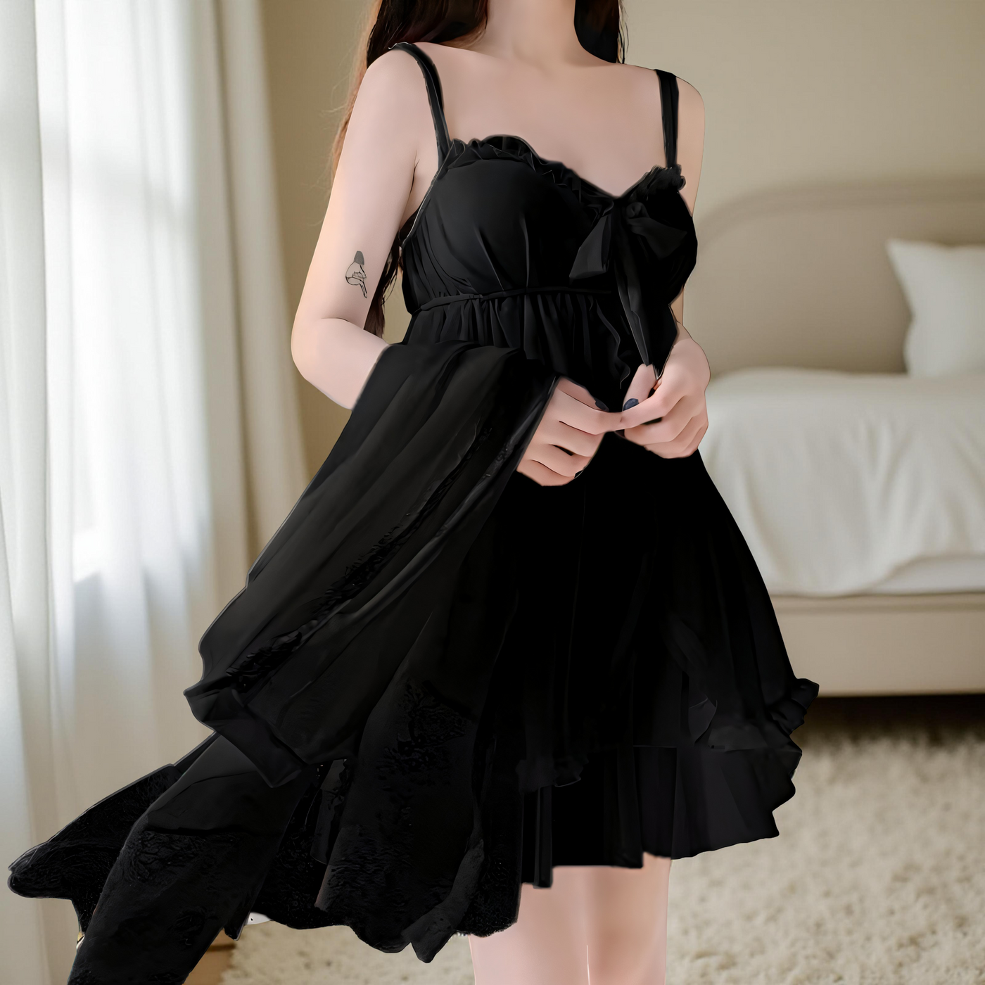 Black sheer chiffon nightdress with lace trim and bow front – Velourine Attire elegant sleepwear”