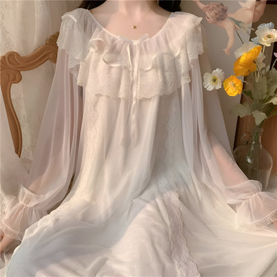 Vintage-inspired white chiffon nightgown with lace ruffle neckline and long sheer sleeves – Velourine Attire luxury sleepwear