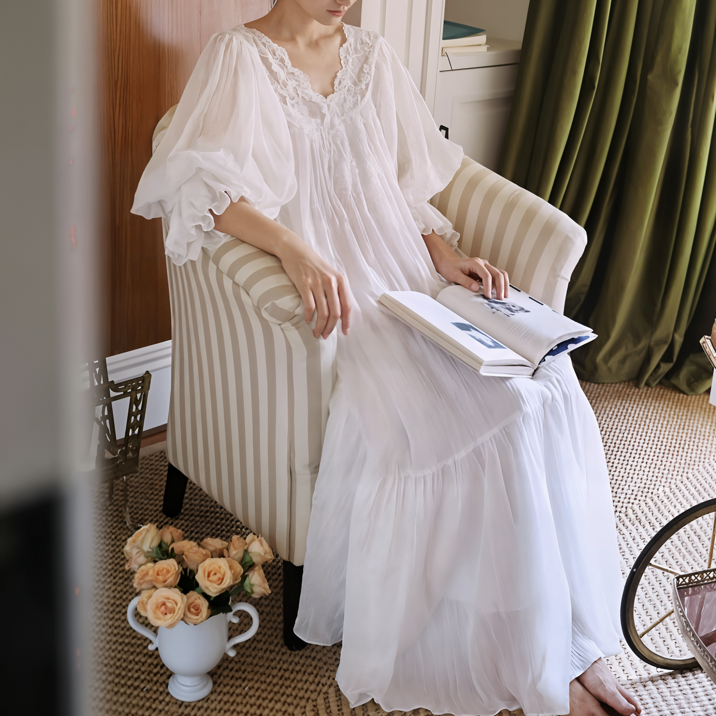 Romantic White Lace Nightgown – Long, Loose-Fit 100% Cotton Sleepwear for Women