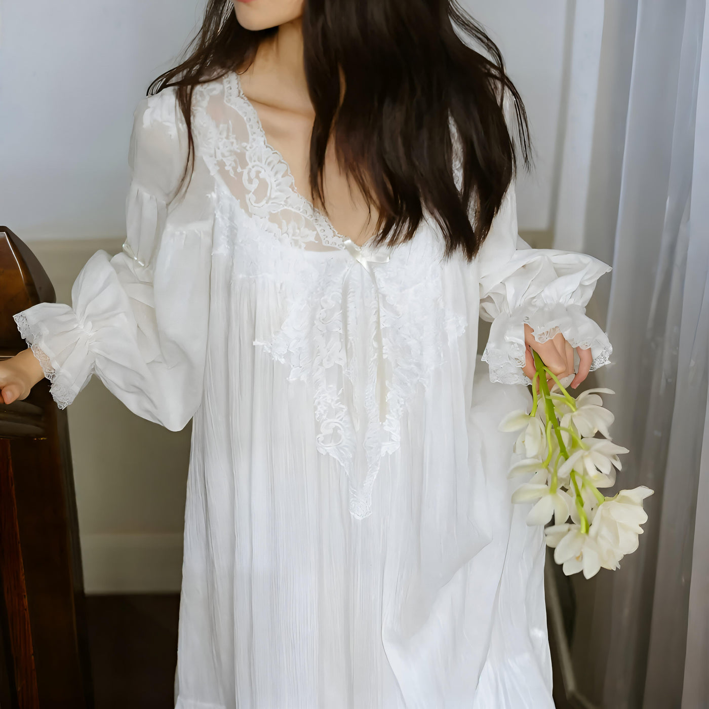 Vintage white long-sleeve nightgown with lace  deep neckline and flowing skirt – Velourine Attire elegant sleepwear
