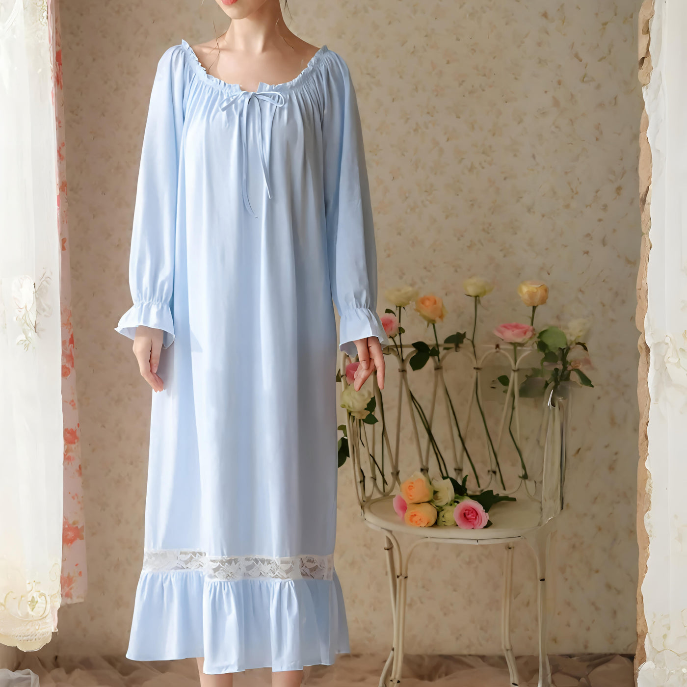 Victorian Cotton Lace Nightgown – Summer Long Robe Sleepwear