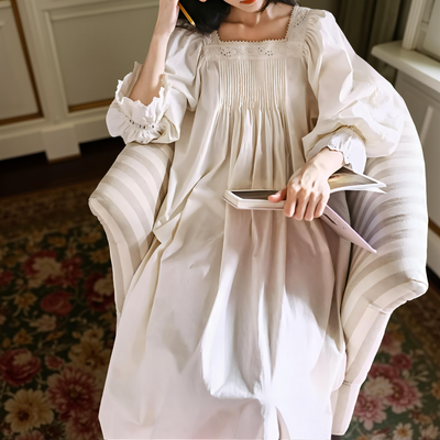 New Apricot cotton nightgown with puff sleeves, lace trim and pleated front – Velourine Attire vintage sleepwear