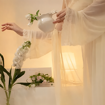 Transparency of Cream chiffon nightgown with lace straps and delicate ruffle trim – Velourine Attire vintage-inspired sleepwear 
