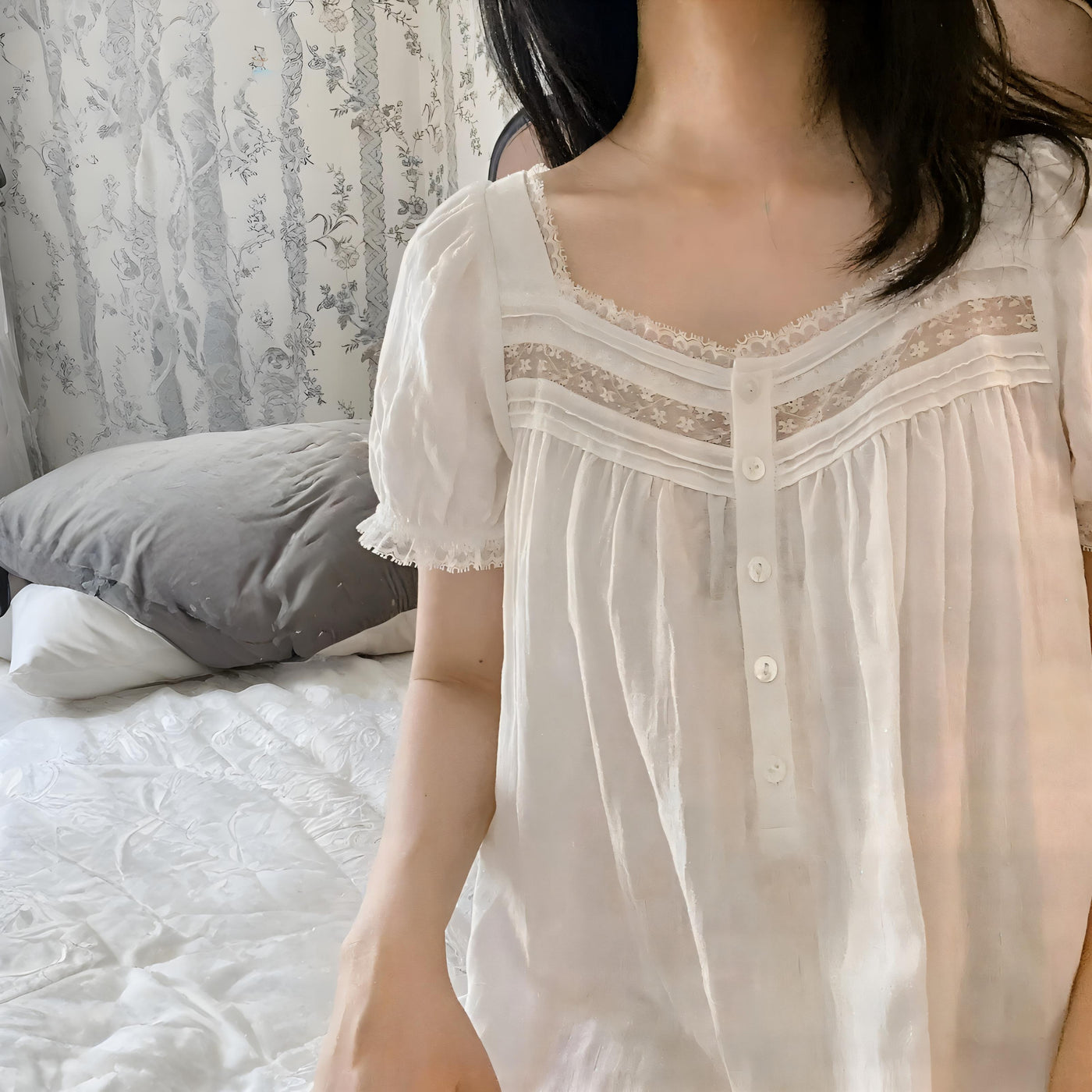 Princess Sleepwear for Women – Pure Cotton White Peignoir Victorian Long Night Dress