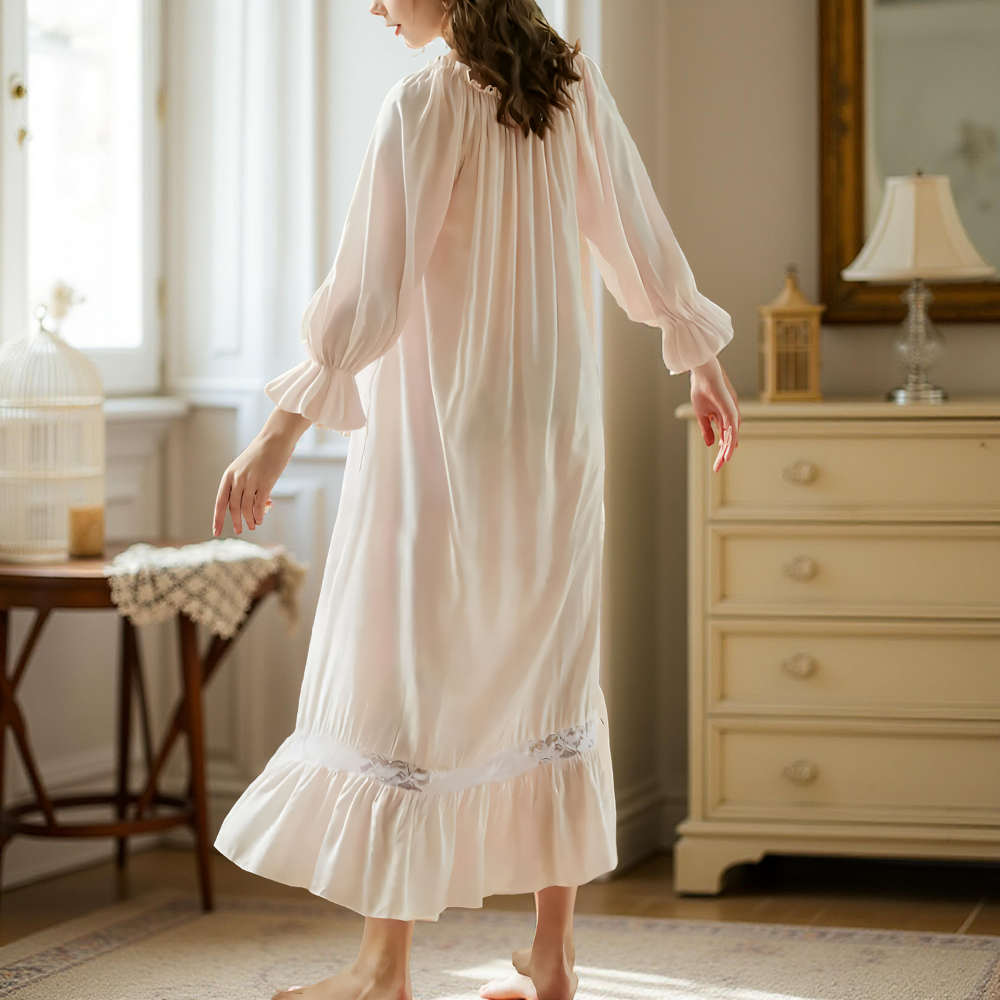 Victorian Cotton Lace Nightgown – Summer Long Robe Sleepwear
