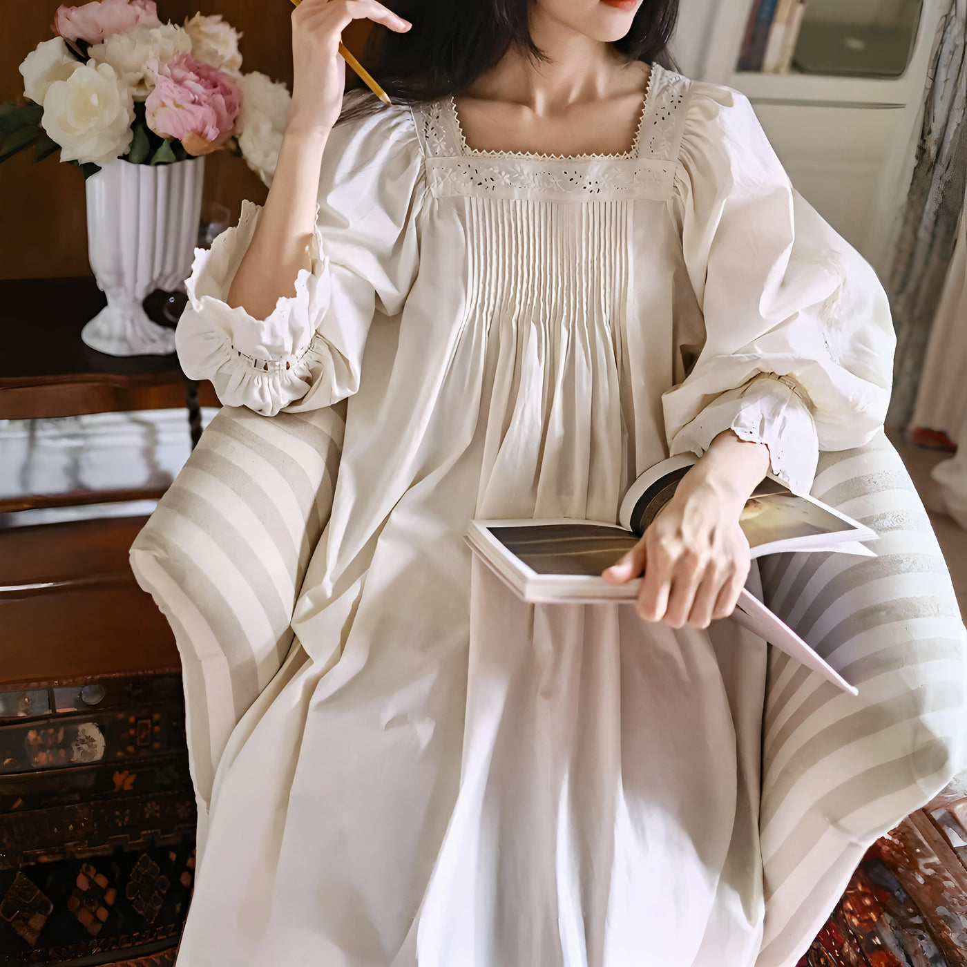 New Awesome Model wearing apricot vintage-style cotton nightgown indoors – Velourine Attire