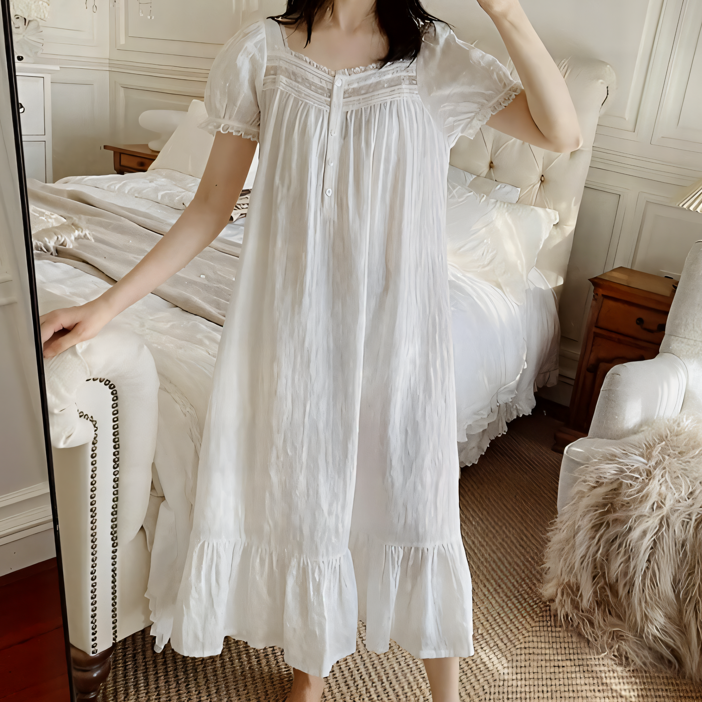 Princess Sleepwear for Women – Pure Cotton White Peignoir Victorian Long Night Dress