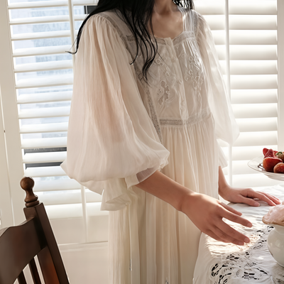 Vintage Embroidered Cotton Nightgown – Victorian Long Princess Sleepwear for Women
