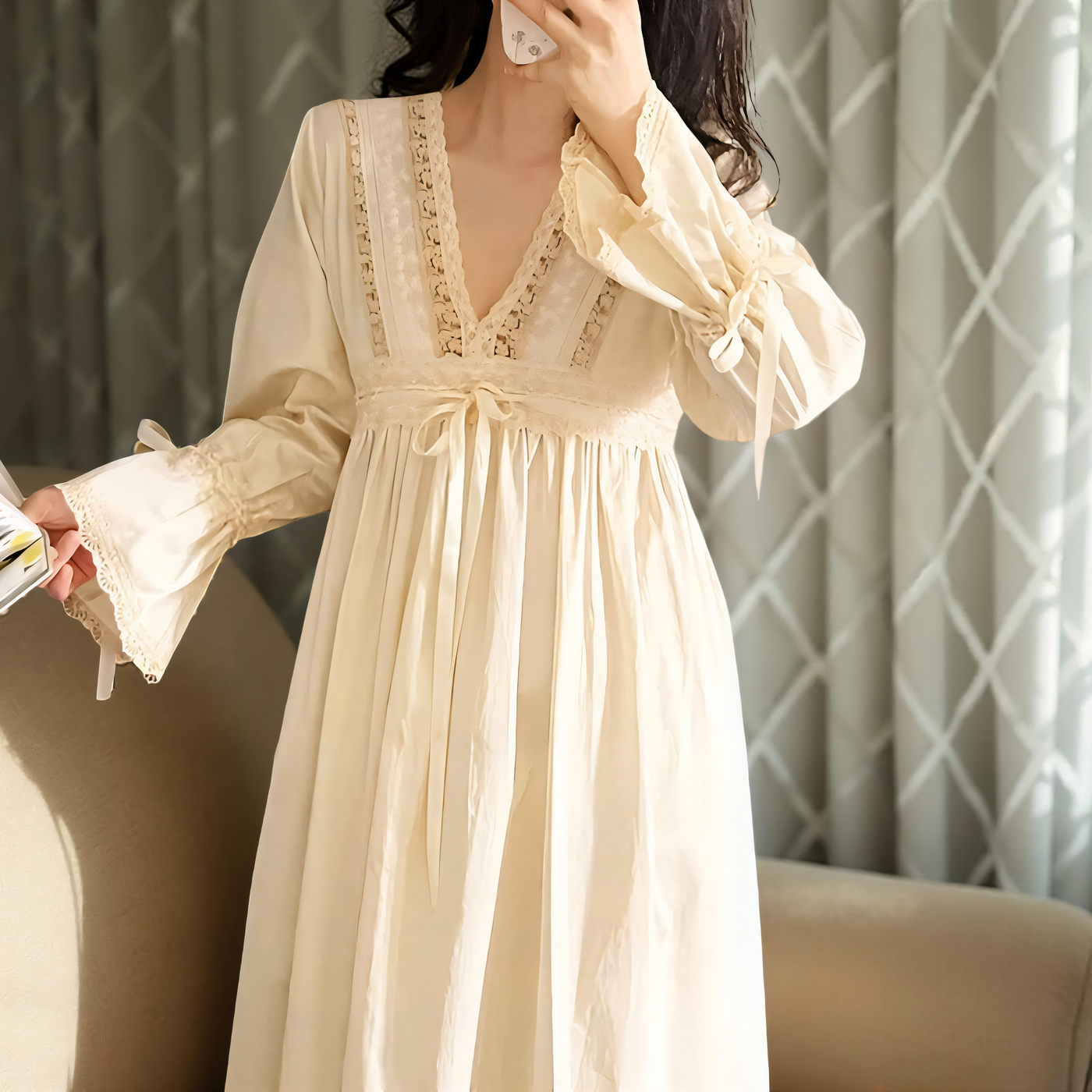 Model wearing apricot cotton lace nightgown indoors – Velourine Attire