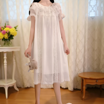 Full-length view of flowing white chiffon lace nightdress – Velourine Attire sleepwear