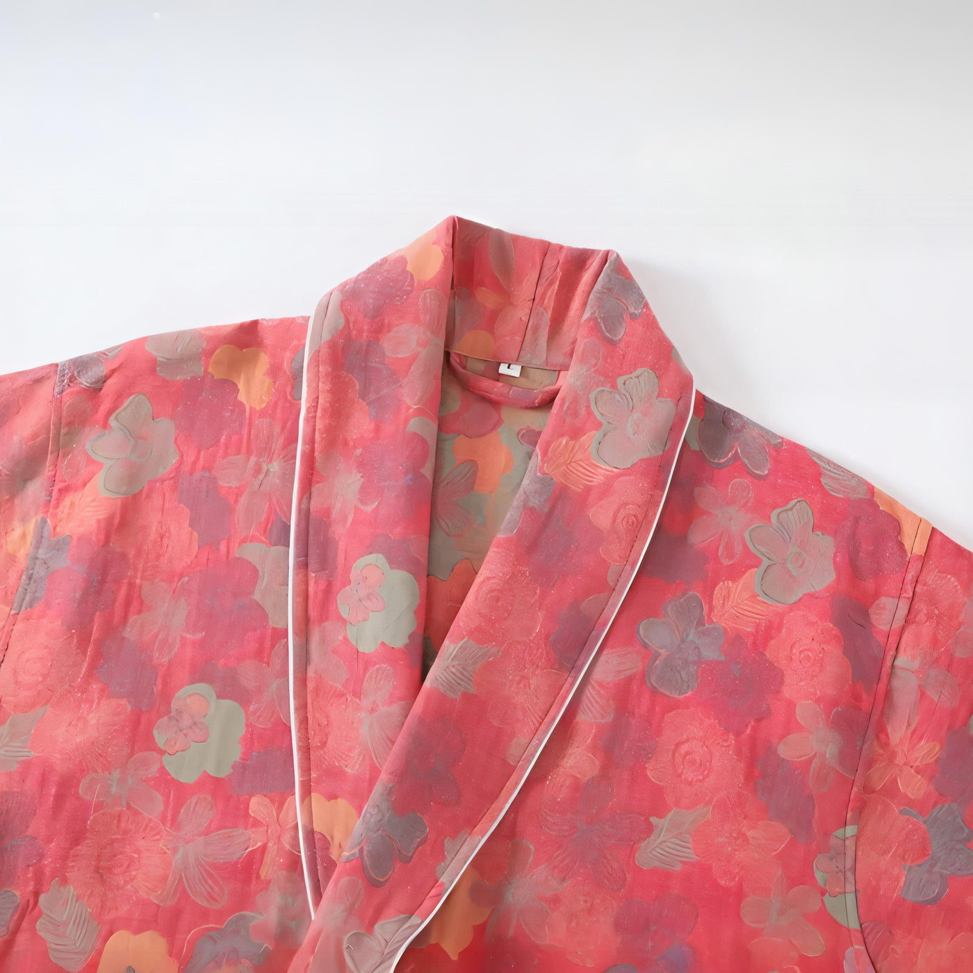 Close view collar of Women’s coral floral print cotton robe with belt and front pockets – Velourine Attire loungewear