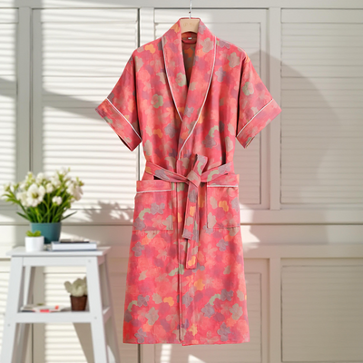 Women’s coral floral print cotton robe with belt and front pockets – Velourine Attire loungewear