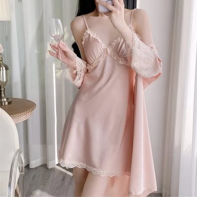 Light pink satin slip dress with lace trim and matching robe – Velourine Attire elegant nightwear set