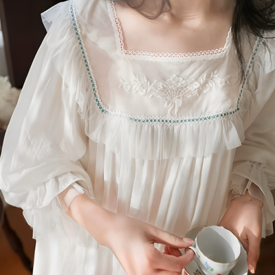 Victorian Lolita Style Night Dress – White Embroidered Cotton Lace Nightgown for Women