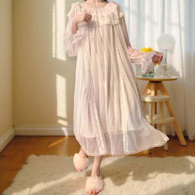 Full-length view of flowing white chiffon lace nightdress – Velourine Attire sleepwear