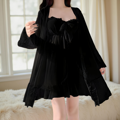 Black sheer chiffon nightdress with lace trim and bow front – Velourine Attire elegant sleepwear”