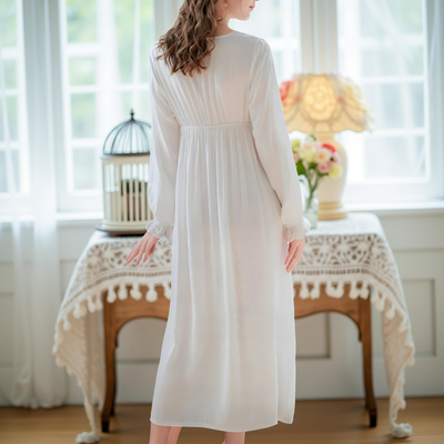  Back view of Long-sleeve white chiffon nightgown with lace V-neck detail – Velourine Attire vintage sleepwear