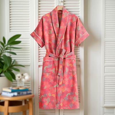 Women’s new  coral floral print cotton robe with belt and front pockets – Velourine Attire loungewear