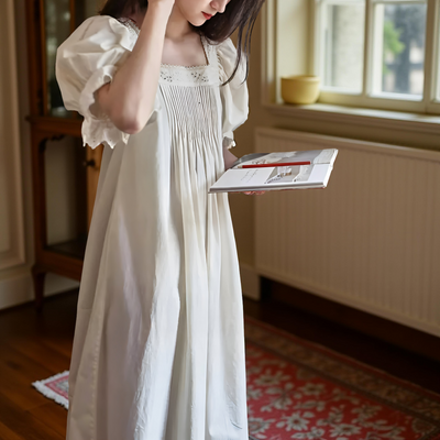 Apricot cotton nightgown with puff sleeves, lace trim and pleated front – Velourine Attire vintage sleepwear