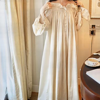 Full-length apricot cotton nightdress with pleated front and buttons – Velourine Attire