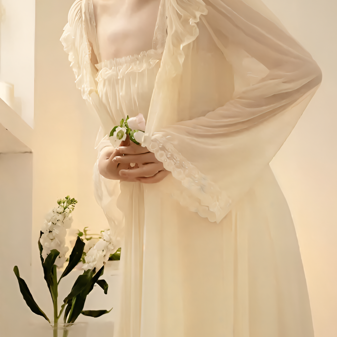 2 piece Cream chiffon nightgown with lace straps and delicate ruffle trim – Velourine Attire vintage-inspired sleepwear