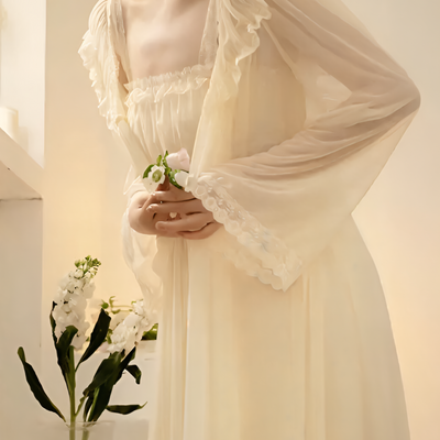 2 piece Cream chiffon nightgown with lace straps and delicate ruffle trim – Velourine Attire vintage-inspired sleepwear