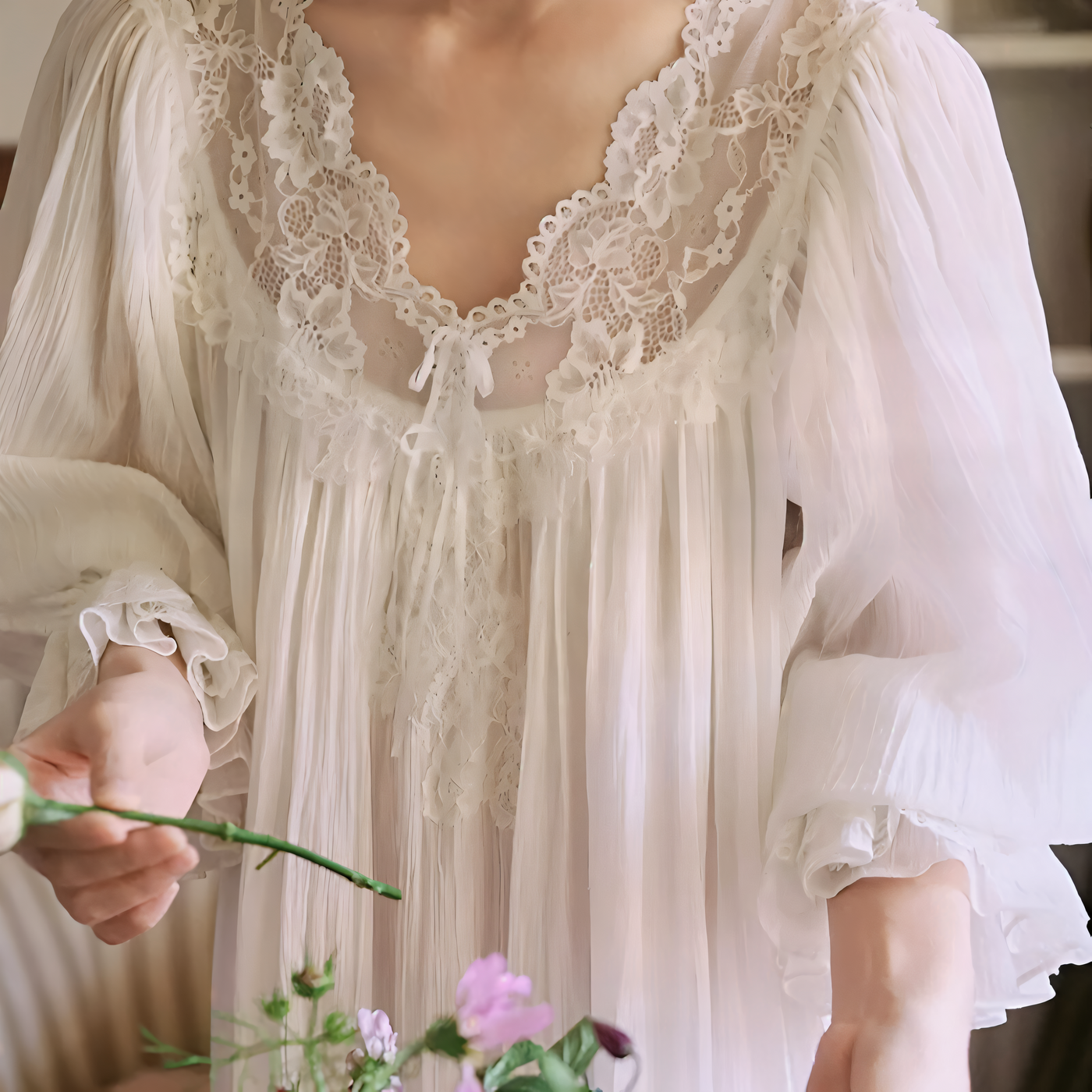 Romantic White Lace Nightgown – Long, Loose-Fit 100% Cotton Sleepwear for Women