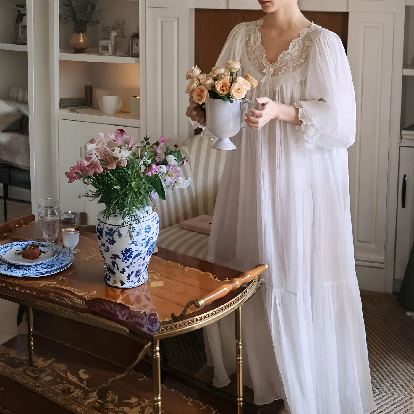 Romantic White Lace Nightgown – Long, Loose-Fit 100% Cotton Sleepwear for Women