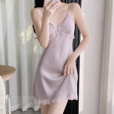 Light pink satin slip dress with lace trim and matching robe – Velourine Attire elegant nightwear set