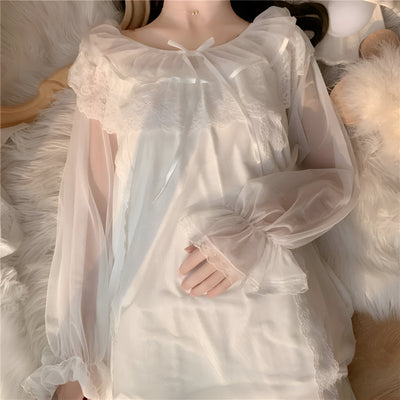 Resting view of flowing white chiffon lace nightdress – Velourine Attire sleepwear