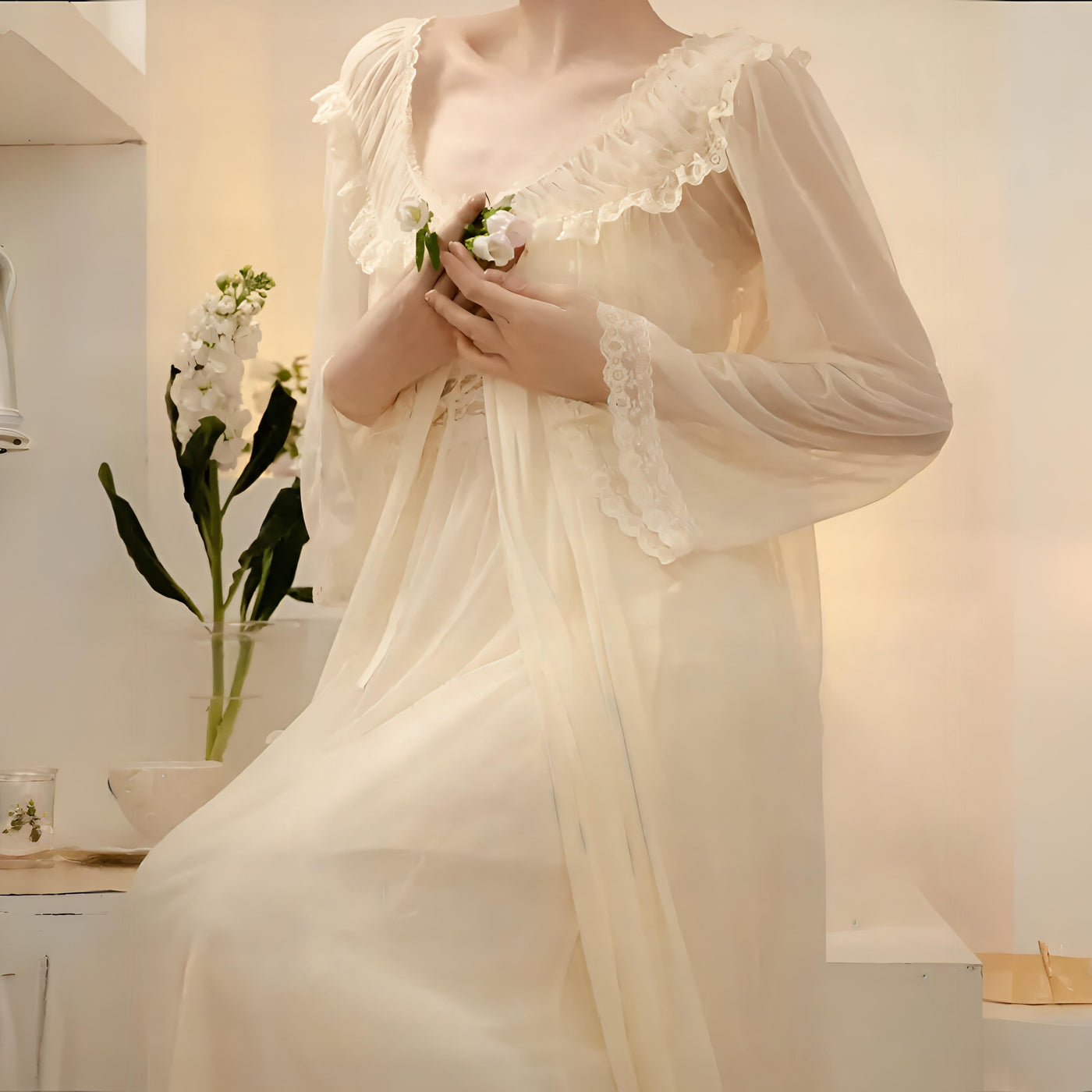Close view of Cream chiffon nightgown with lace straps and delicate ruffle trim – Velourine Attire vintage-inspired sleepwear