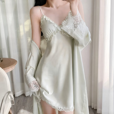Light Silver satin slip dress with lace trim and matching robe – Velourine Attire elegant nightwear set