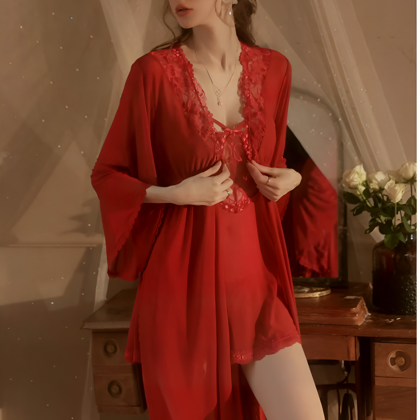 Sheer Red lace nightdress with matching robe and deep V neckline – Velourine Attire luxury lingerie