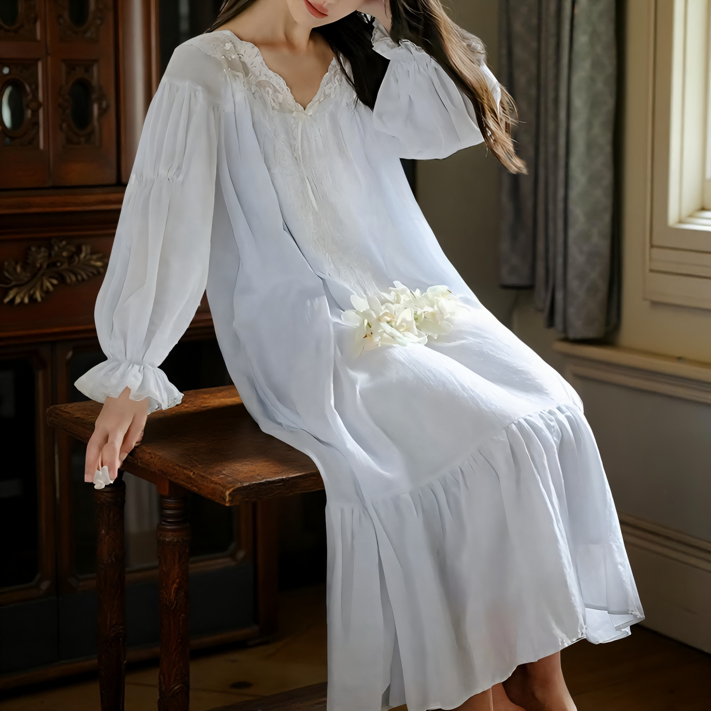 Vintage white long-sleeve nightgown with lace neckline and flowing skirt – Velourine Attire elegant sleepwear