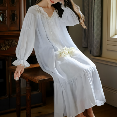 Vintage white long-sleeve nightgown with lace neckline and flowing skirt – Velourine Attire elegant sleepwear