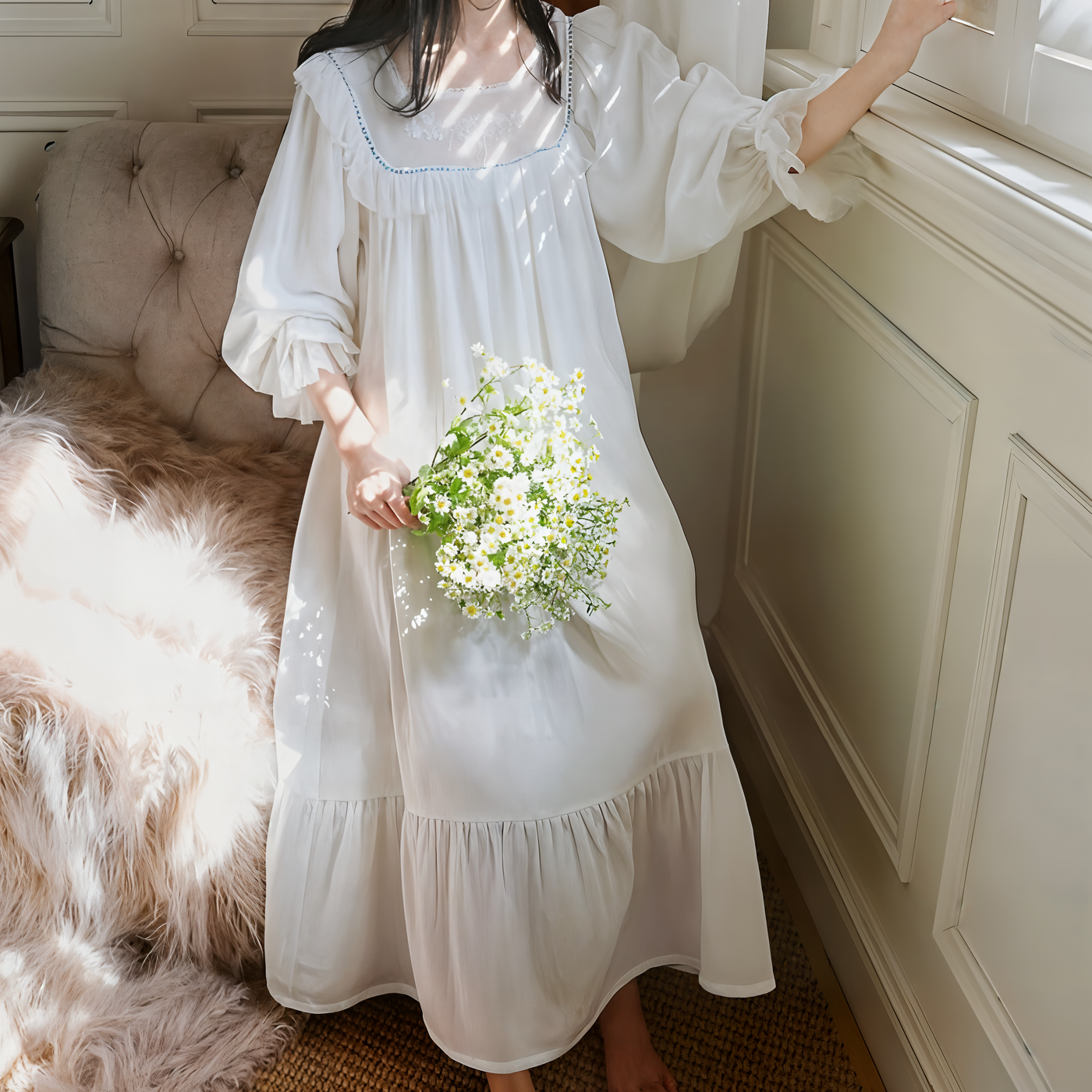 Victorian Lolita Style Night Dress – White Embroidered Cotton Lace Nightgown for Women