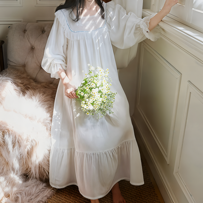 Victorian Lolita Style Night Dress – White Embroidered Cotton Lace Nightgown for Women