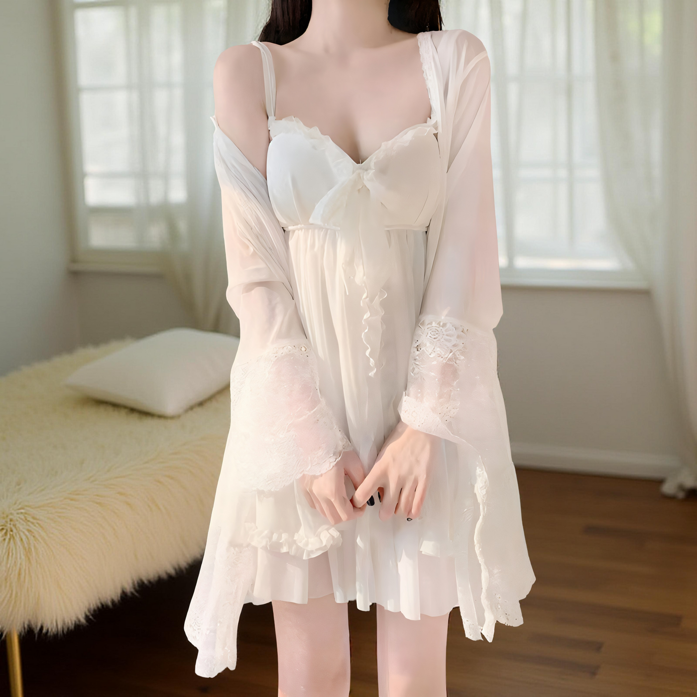 White sheer chiffon nightdress with lace trim and bow front – Velourine Attire elegant sleepwear”