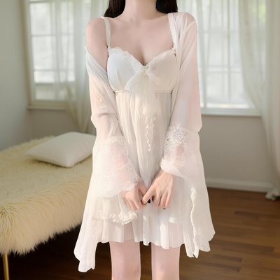 White sheer chiffon nightdress with lace trim and bow front – Velourine Attire elegant sleepwear”