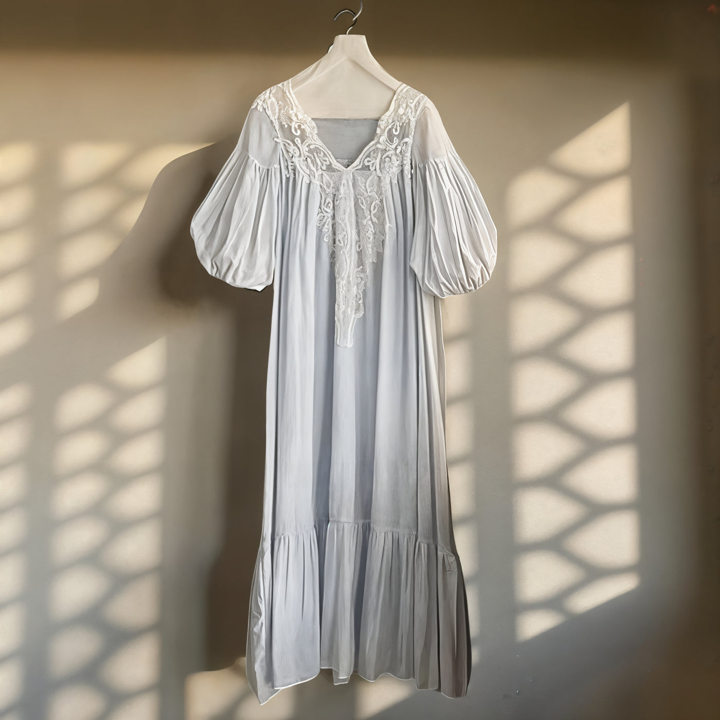 Summer Fairy Princess Sleepwear – White Blue Victorian Cotton Night Dress for Women