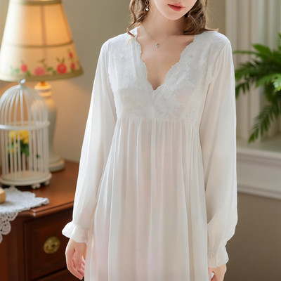 Long-sleeve white chiffon nightgown with lace V-neck detail – Velourine Attire vintage sleepwear