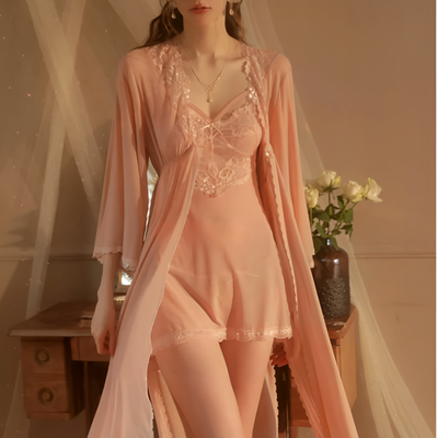 Sheer Pink lace nightdress with matching robe and deep V neckline – Velourine Attire luxury lingerie