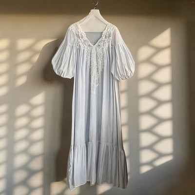 Summer Fairy Princess Sleepwear – White Blue Victorian Cotton Night Dress for Women